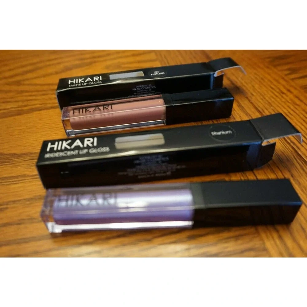 NIB! HIKARI LOT Matte Lip Gloss Au Naturel & Iridescent Lip Gloss Titanium